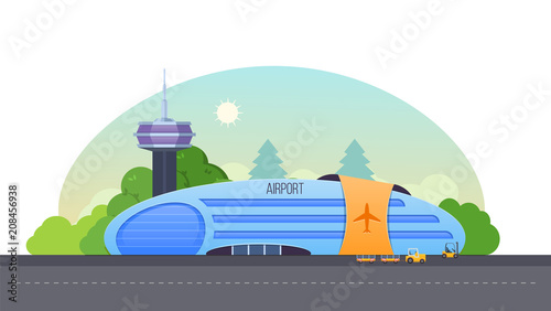 Airport building, runway for airplanes, airport landscape, interior of building.