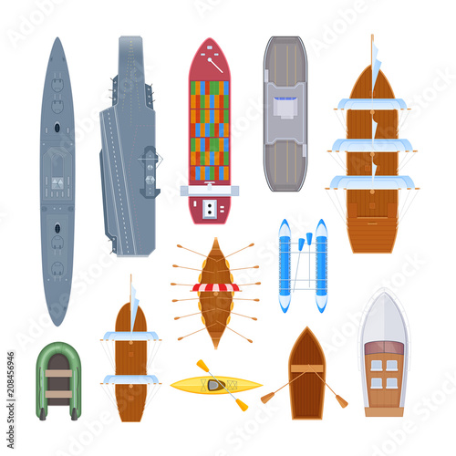 Set of different modern warship, boat, ferry, marine transport.