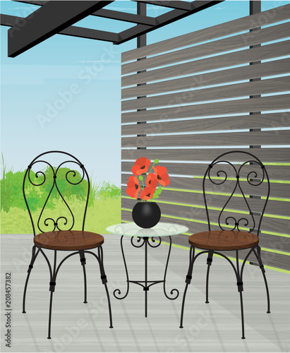 Relaxing Courtyard Patio Retreat with a glass and iron table and wrought iron bistro chairs. Flat style vector with minimal detail and depth.