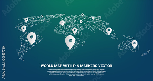 Pin Marker with polygon world map perspective view: concept of GPS, travel, Location, transportation