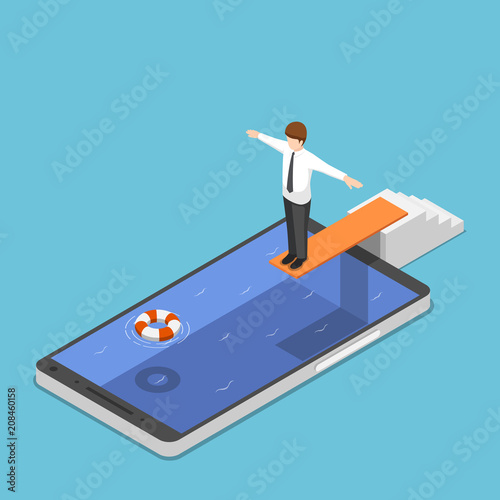 Isometric businessman on springboard ready to jump in the smartphone pool