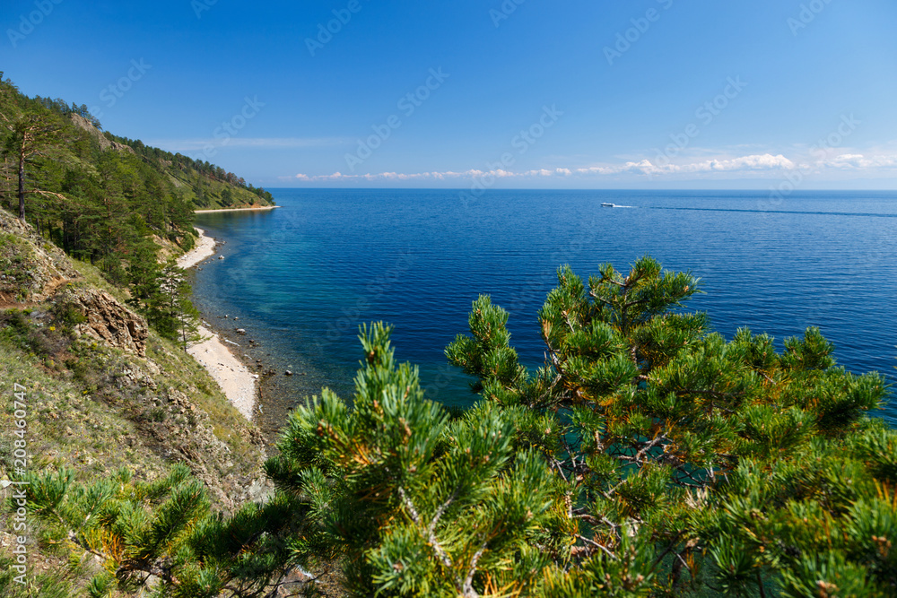 Baikal lake view with a pine and boat