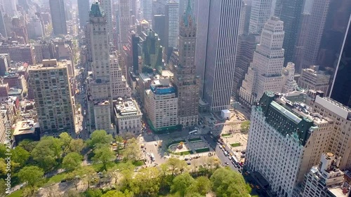 Aerial view of Central Park, New York, USA, Skyscrapers on background. Luxury residential buildings.