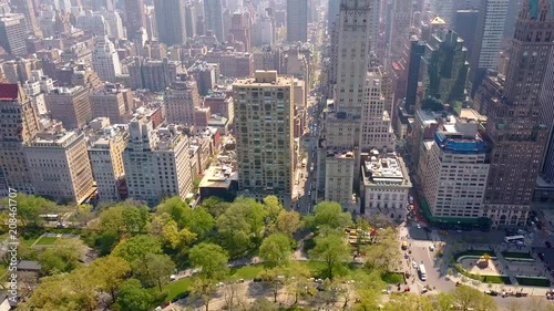Aerial view of Central Park, New York, USA, Skyscrapers on background. Luxury residential buildings.