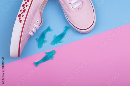 Fashion Trendy Sneakers with Heart. Pastel Pink Blue Color. Jellies candies sharks. Valentines day concept