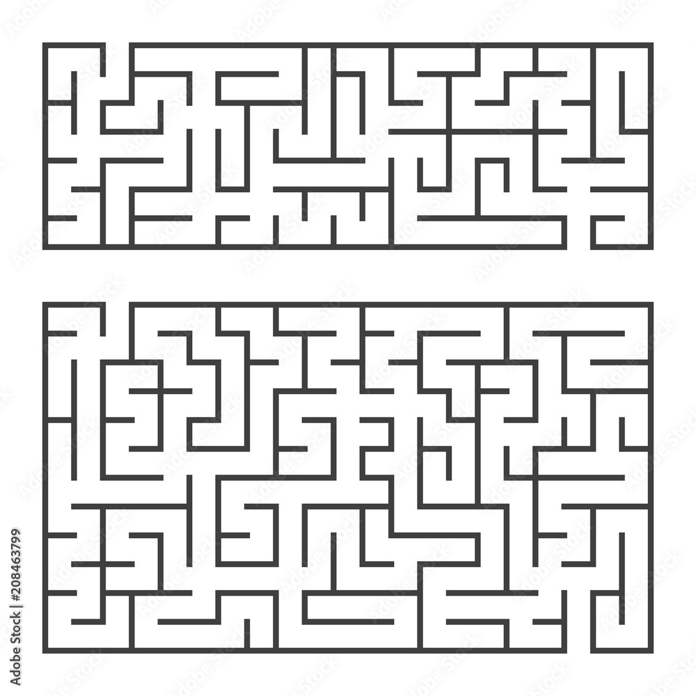 A set of two rectangular mazes with an entrance and an exit. Simple flat vector illustration isolated on white background. A set of two rectangular mazes with an entrance and an exit. Simple flat vector illustration isolated on white background.