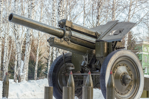 Howitzer-gun. Artillery gun close-up
