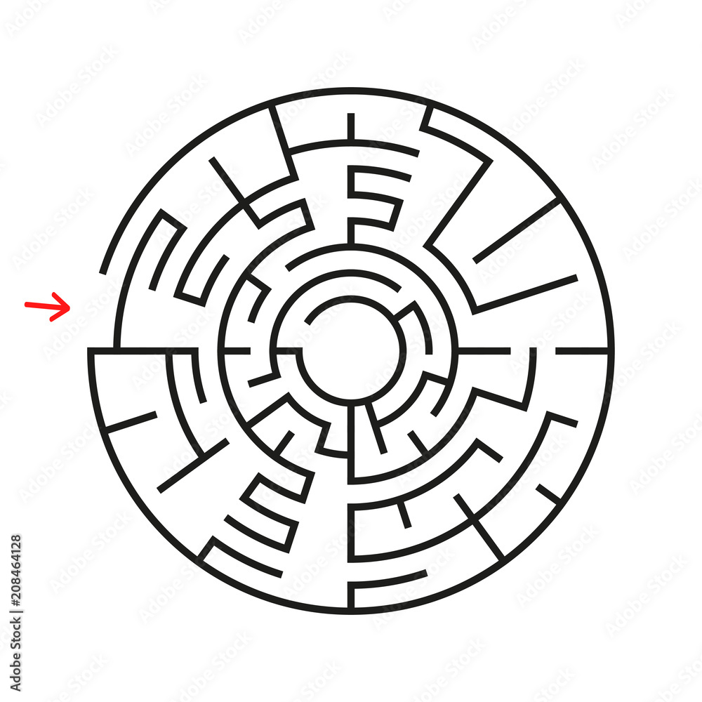 Round labyrinth. With the entrance and exit. An interesting game for children and adults. Simple flat vector illustration isolated on white background.