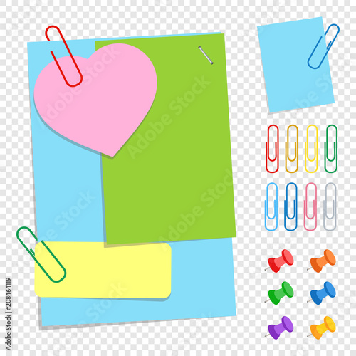 A set of colored office sticky sheets of different shapes, buttons and clips. A simple flat vector illustration isolated on a transparent background.