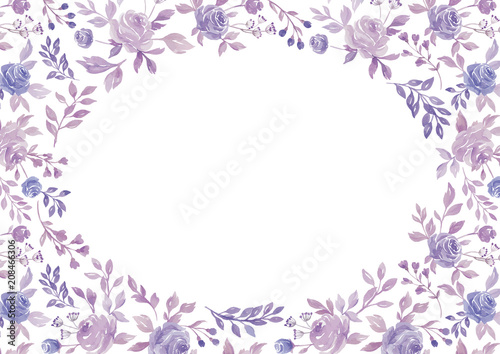 Watercolor purple flower and plant border white paper background