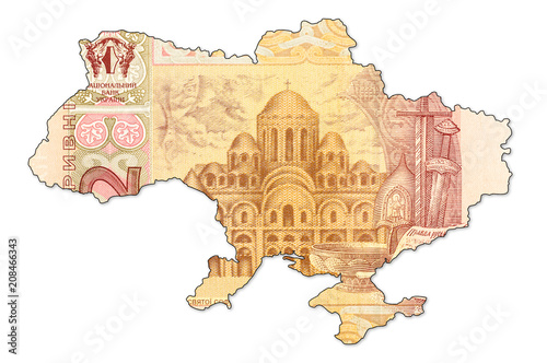 2 ukrainian hryvnia banknote in shape of ukrain photo