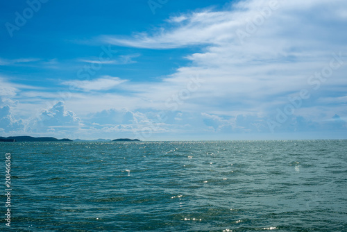 Landscape view of open sea and blue sky as background