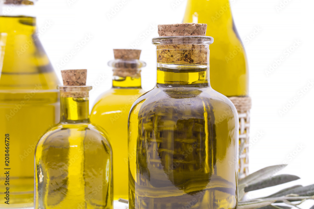 bottles of extra virgin oil isolated