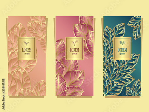 Set Template for package or flyer from Luxury background made by foil leaves in gold peachy pink marine blue for cosmetic or perfume or for package of tea or for alcohol label or for brand book