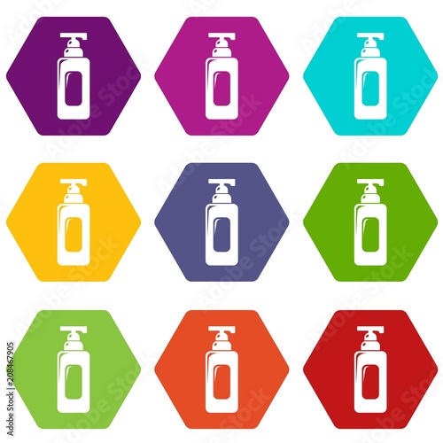 Shampoo dispenser icons 9 set coloful isolated on white for web