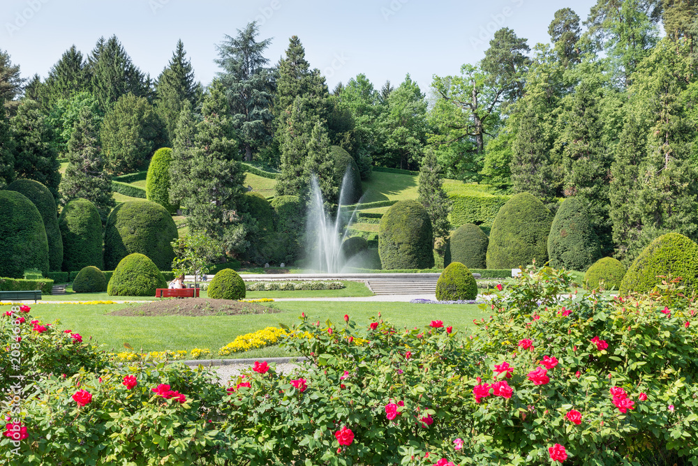 Typical and famous symmetrical Italian garden (giardino all'italiana) or formal garden (giardino formale), in the city center of Varese, Italy. Public gardens or Estensi gardens, mid 18th century 1750