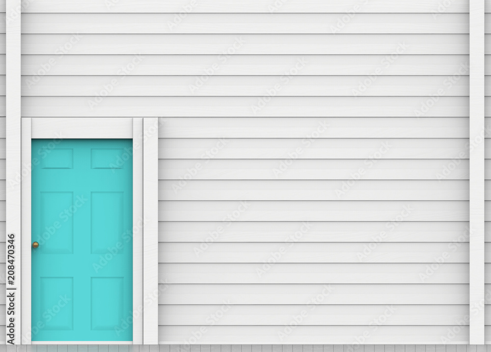 3d rendering. Light blue door with white wood panels wall background. 3d rendering. Light blue door with white wood panels wall background.