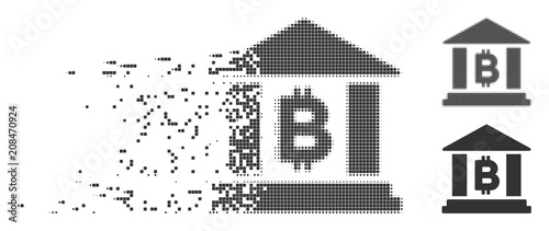 Dissolved Bitcoin bank building pixel icon with disintegration effect. Halftone dotted and undamaged entire gray versions are included.