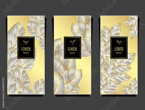 Set Template for package or flyer from Luxury background made by foil leaves in silver gold for cosmetic or perfume or for package of tea or for alcohol label or for brand book