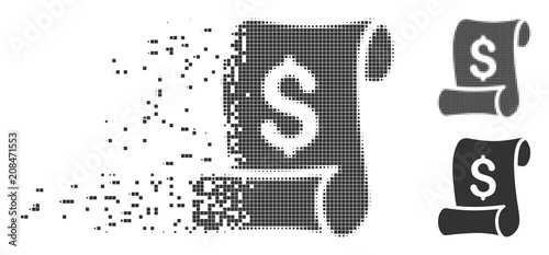 Dissolved financial receipt roll pixel icon with disintegration effect. Halftone pixelated and undamaged whole grey versions are included.