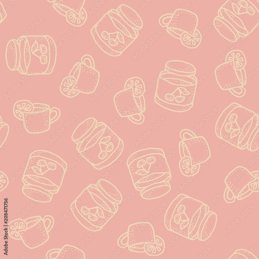 Seamless vector pattern with tea and cherry jam i on pink for craft, wrapping, textile, ceramic Seamless vector pattern with tea and cherry jam i on pink for craft, wrapping, textile, ceramic