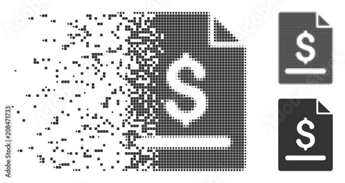 Fractured invoice page pixel icon with disintegration effect. Halftone pixelated and undamaged entire grey versions are included. Rectangle fragments are grouped into dispersed invoice page figure.