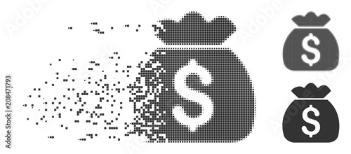 Dispersed money bag pixel icon with disintegration effect. Halftone dotted and intact whole gray versions are included. Square dots are composed into dissipated money bag form.