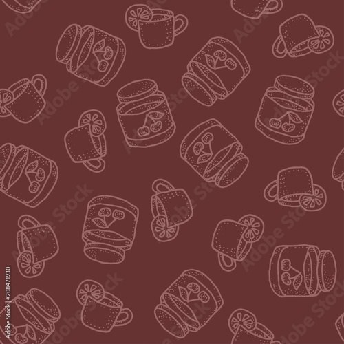 Seamless vector pattern with tea and cherry jam on bordo for craft, wrapping, textile, ceramic