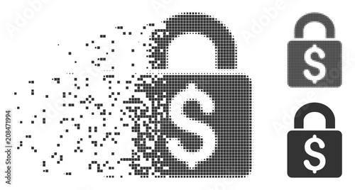 Dissolved pay lock dotted icon with disintegration effect. Halftone dotted and undamaged whole gray variants are included. Rectangle pieces are combined into disappearing pay lock figure.