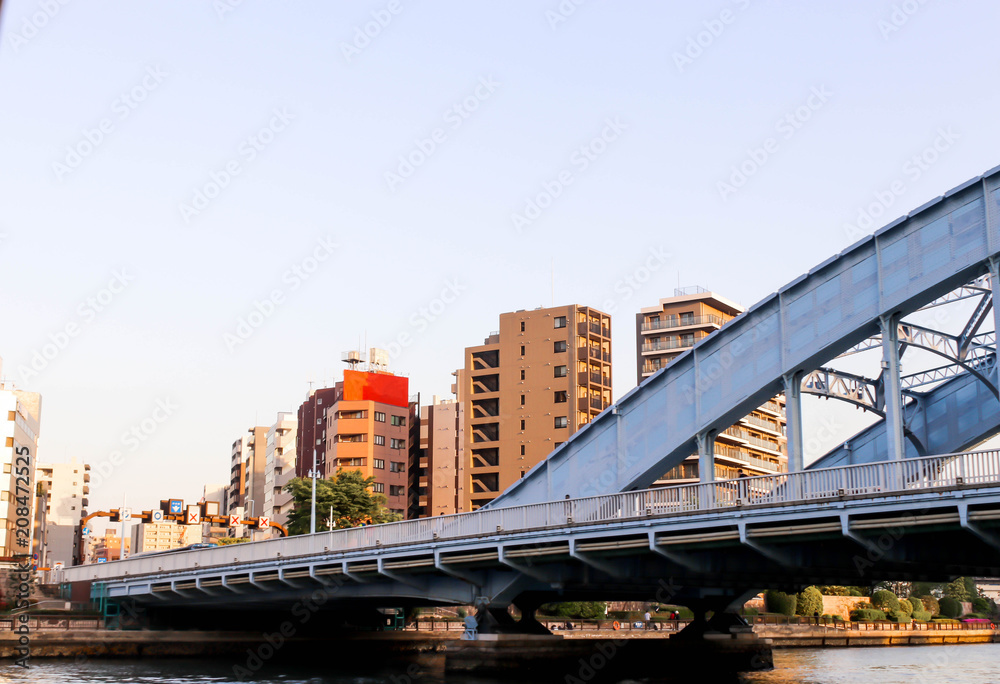 JAPAN - April 21th 2018 View of big bridge at sumida river viewpoint and blue sky in tokyo