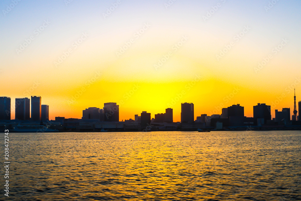 Landscape View of sunset sumida river viewpoint to see boats in tokyo