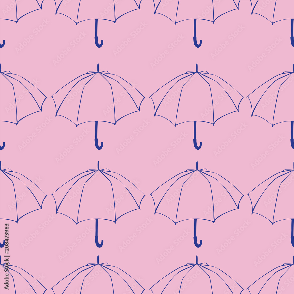 Seamless pattern with doodle umbrellas. For fabric, textile, wallpaper, wrapping paper. Vector Illustration. Hand drawn sketch. Blue line drawing on pink background.