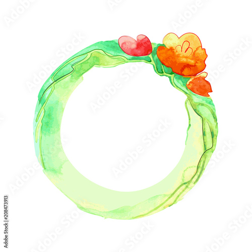 Round vignette with orange flowers on a wide green strip. A wreath of flowers painted in watercolor and surrounded by a thin contour. 
Frame for greeting or wedding cards.