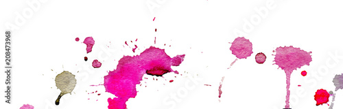 Bright pink and purple watercolor splashes and blots on white background. Ink painting. Hand drawn illustration. Abstract watercolor artwork.