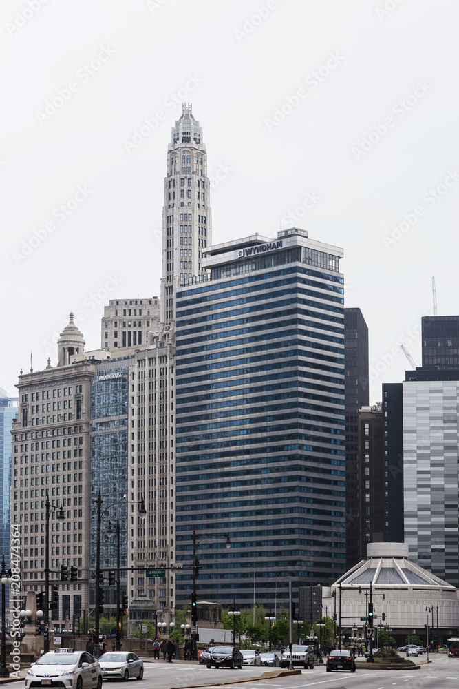 CHICAGO, ILLINOIS - May 19,2018 :View of Chicago downtown with people and skyscrapers, Illinois, USA 