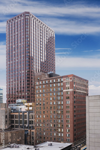 View of Chicago downtown with people and skyscrapers, Illinois, USA 