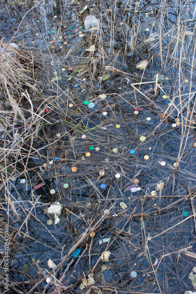 Plastic lids from bottles in the river Plastic lids from bottles in the river