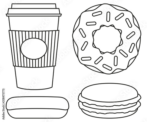 Line art black and white coffee and donut set