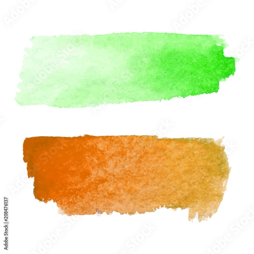 Set of abstract stains. Green and orange colors. Bright creative horizontal backdrop. Watercolor texture with brush strokes.Spots Isolated in white background. Trendy colorful design. Hand painted.