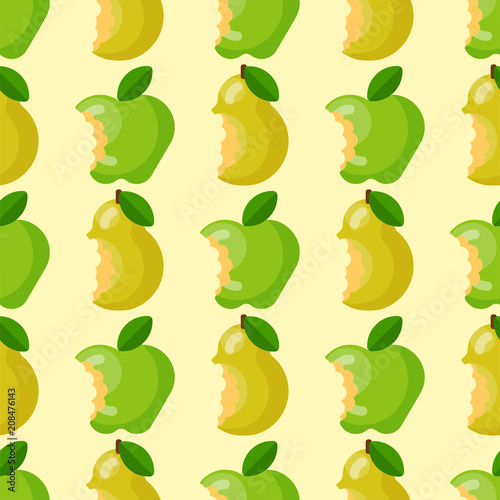 Bitten apple background vector illustration textile green fruits slice seamless pattern.