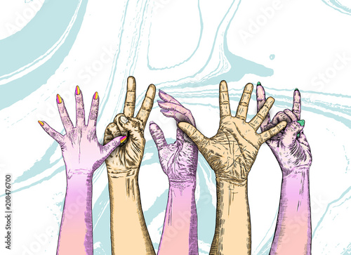Volunteering ink line concept. Image of hands up with space for text. Charity, volunteering, help, care presentation. Vector.