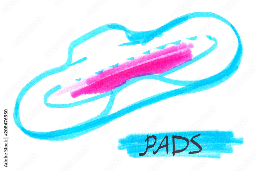 Illustration of an abstract menstrual pad with symbolic stain. Hygienic product painted in bright blue and neon pink highlighter felt tip pen on clean white background