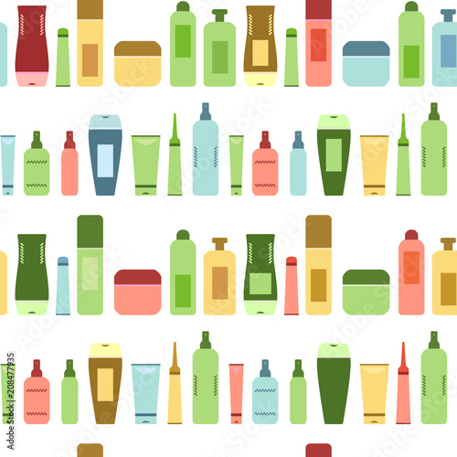 Beauty products colorful cosmetic bottles and tubes on white seamless pattern, vector