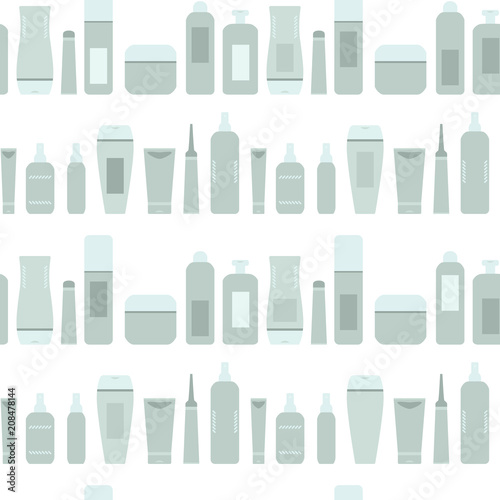 Beauty products gray and blue cosmetic bottles and tubes on white seamless pattern, vector