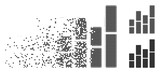 Dissolved bar charts pixel icon with disintegration effect. Halftone dotted and intact entire gray versions. Dots have square shape. Points are combined into dispersed bar charts figure.