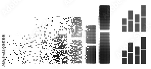 Dissolved bar charts pixel icon with disintegration effect. Halftone dotted and intact entire gray versions. Dots have square shape. Points are combined into dispersed bar charts figure.