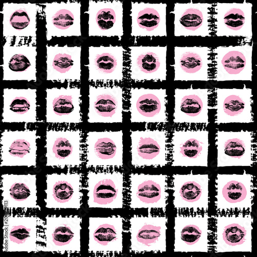 Female lips, mouth with a kiss stain, seamless pattern on pop up background. Retro style endless wrapping paper for Valentine day adult sex shop merchandise. Vector.