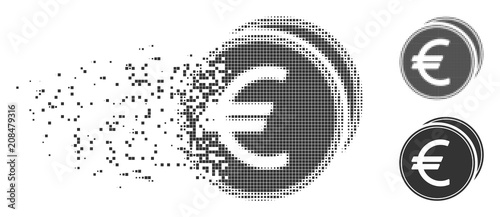 Fractured Euro coins dotted icon with disintegration effect. Halftone dotted and intact solid gray versions. Dots have rectangle shape. Elements are combined into disappearing Euro coins shape.