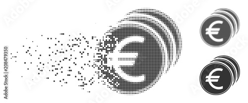 Dispersed Euro coins dotted icon with disintegration effect. Halftone dotted and intact entire grey versions. Dots have rectangular shape. Elements are grouped into disappearing Euro coins figure.