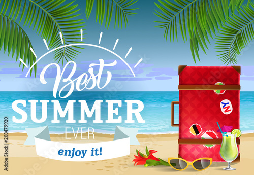 Best summer, enjoy it lettering with sea beach and cocktail. Sale advertising design. Handwritten and typed text, calligraphy. For leaflets, brochures, invitations, posters or banners.